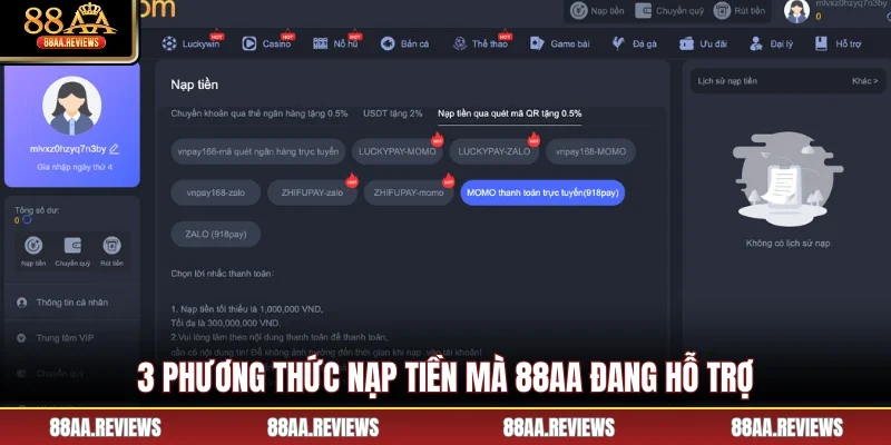 3 phương thức nạp tiền mà 88AA đang hỗ trợ