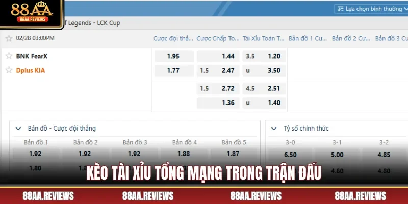 Kèo tài xỉu tổng mạng trong trận đấu